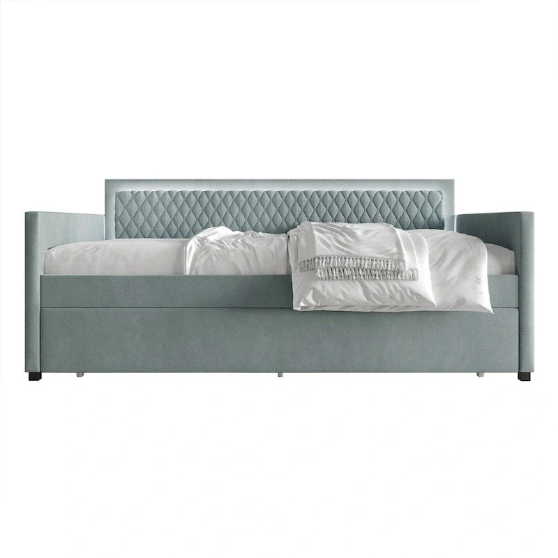 Light Blue / Grey Velvet Daybed with Trundle, 2-Person