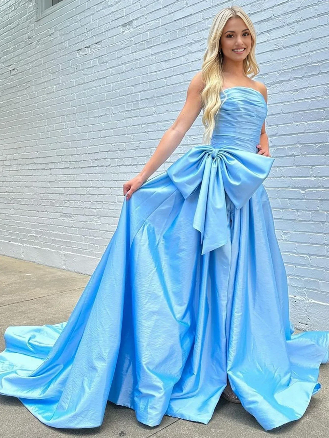 A-line Strapless Taffeta Long Prom Dress With Slit