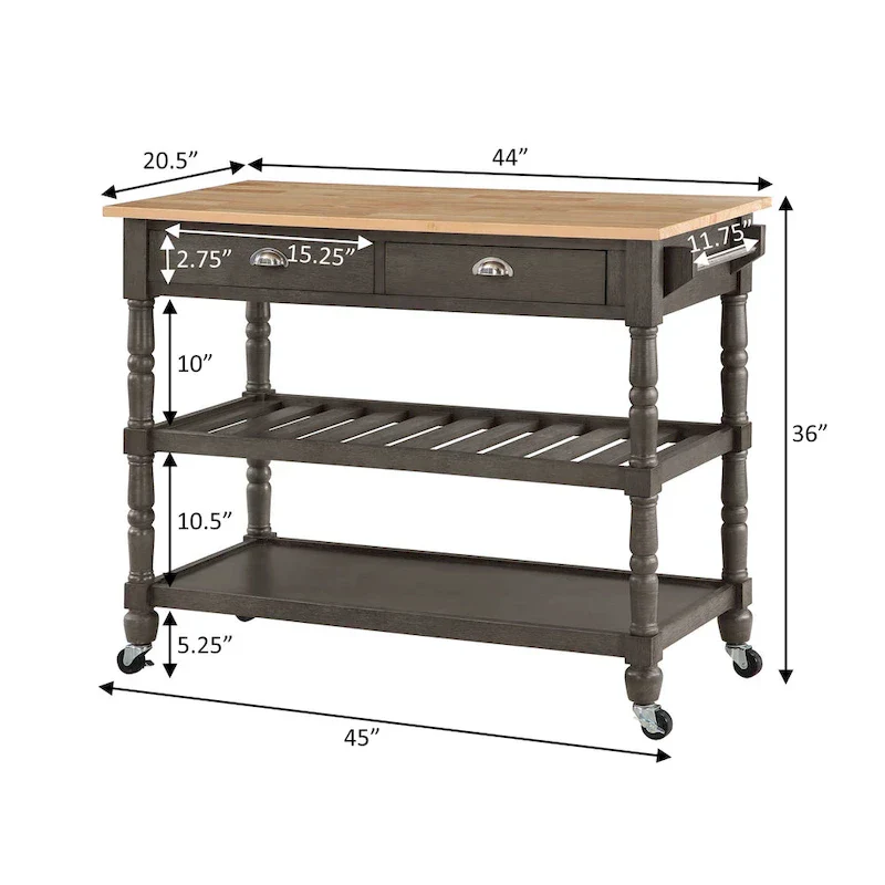 Natural Wood Butcher Block Kitchen Cart with 3 Tiers