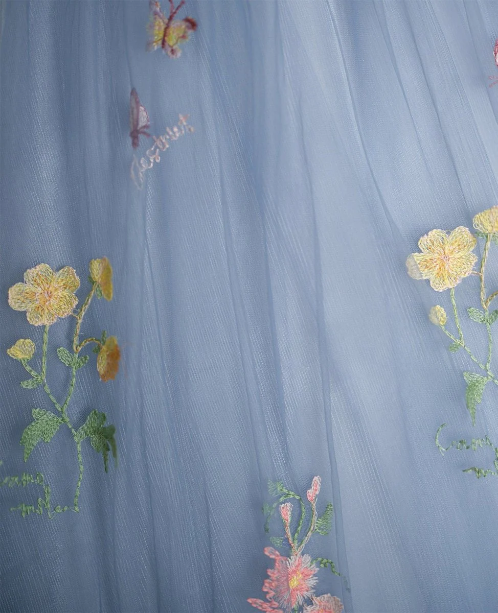 Blue Ball Gown with Scattered Little Flower Prom Dress