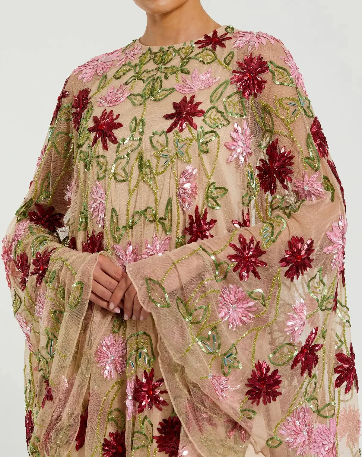 Beige Floral Embellished Shawl Mini Dress