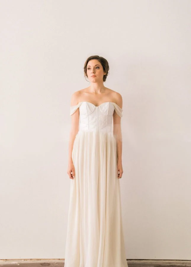 Chiffon  A-line Off-the-Shoulder Backless Beach Wedding Dress with Lace Bodice