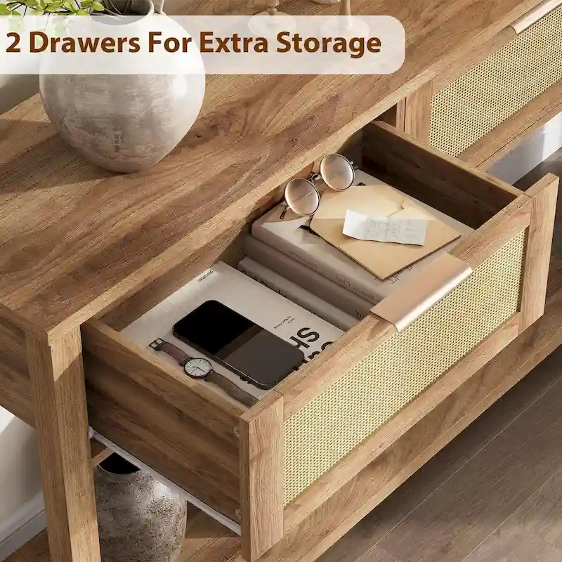 Brown / Natural Rattan & Wood Console Table with 2 Drawers & Lower Shelf – Boho Style