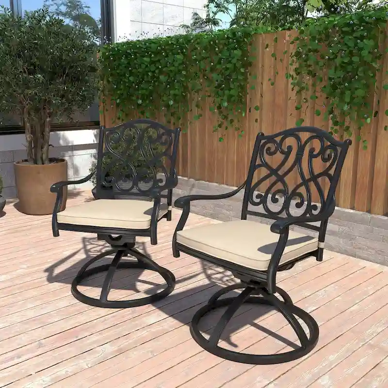 Patio Cast Alum Carved Swivel Dining Chairs with Cushions(Set of 2)