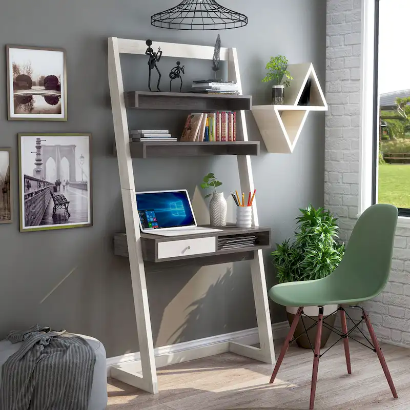 Two-Tone Wall Leaning Desk with Drawer and Shelves
