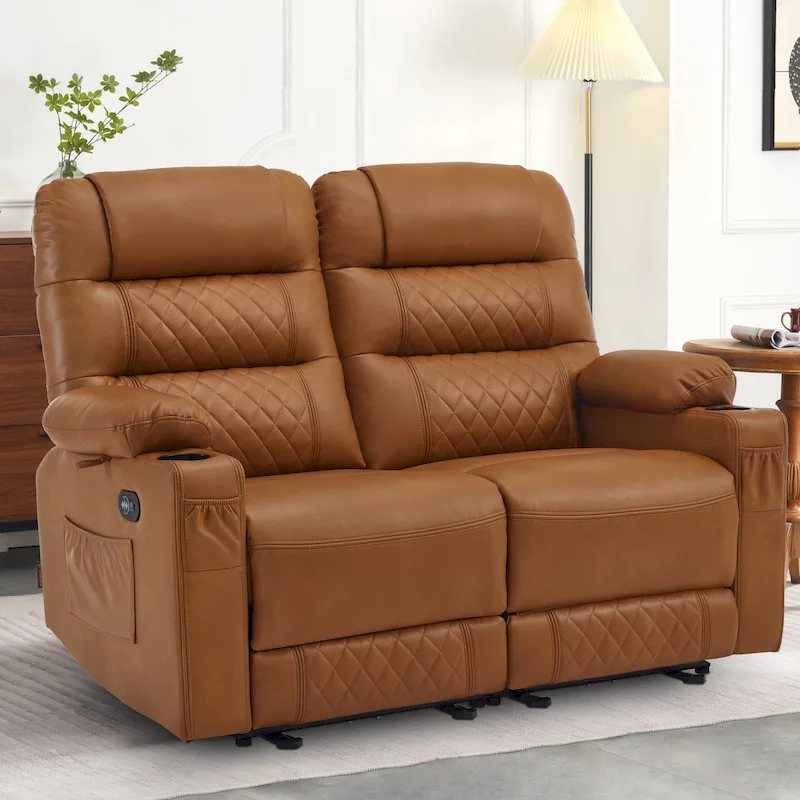 Power Reclining Loveseat for 2 - Saddle / Dark Brown / Light Grey, Heat & Vibration, USB Ports, Cup Holders