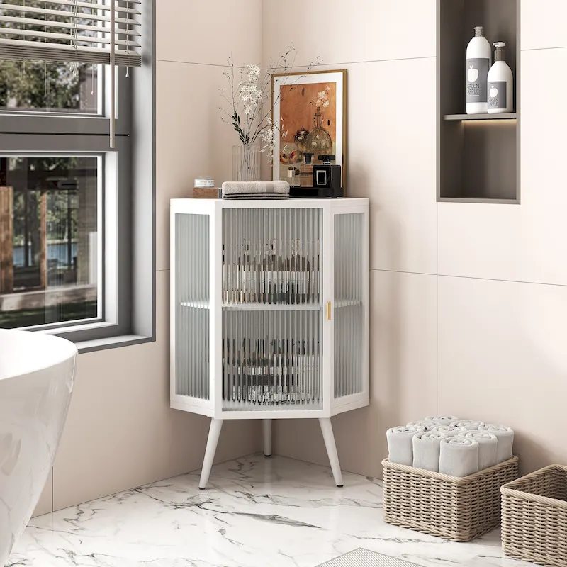 White / Black Metal Corner Floor Cabinet, Single Door, 2-Shelf
