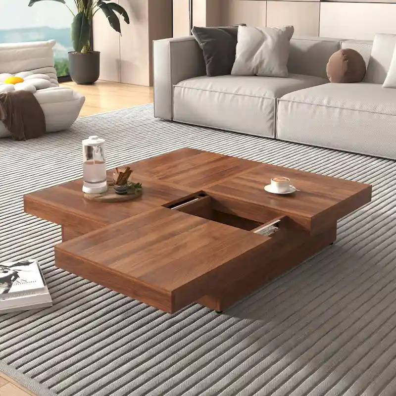 Square Marble Veneer Coffee Table Sliding Top with Storage in Walnut 39.4