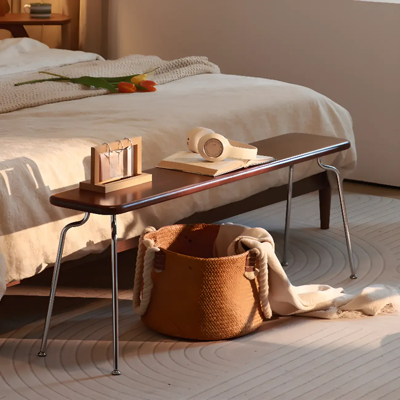 Modern Wood Bedroom Bench with Metal Frame