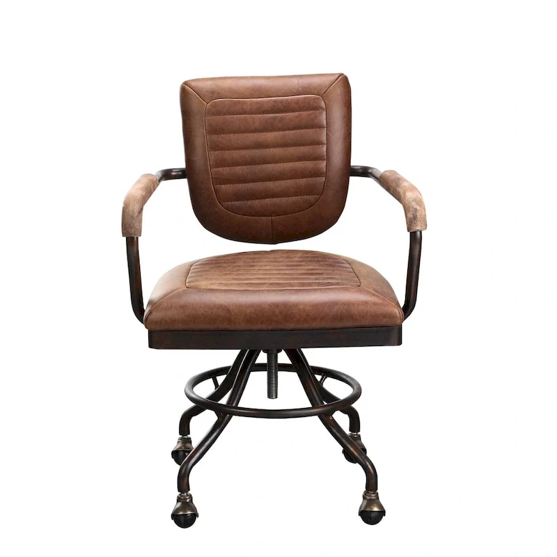 Rustic Vintage Soft Brown Leather Office Desk Chair, Adjustable Height