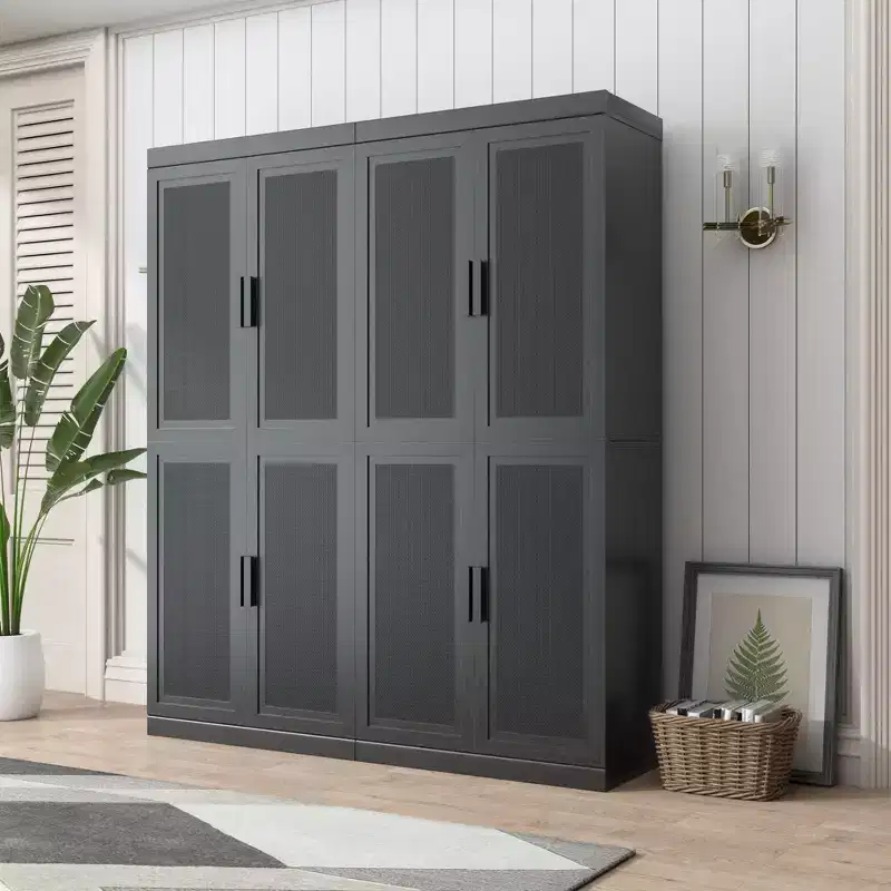 36x124x16 Wood Grain Buffet Cabinet in Black, Storage Organizer with Adjustable Shelves and Rattan Doors for Kitchen Bedroom Entryway Living Room