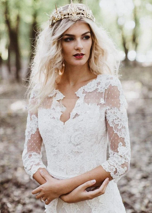 Tulle A-Line Lace Appliques 3/4-Sleeve V-Neck Romantic Bridal Wedding Gowns