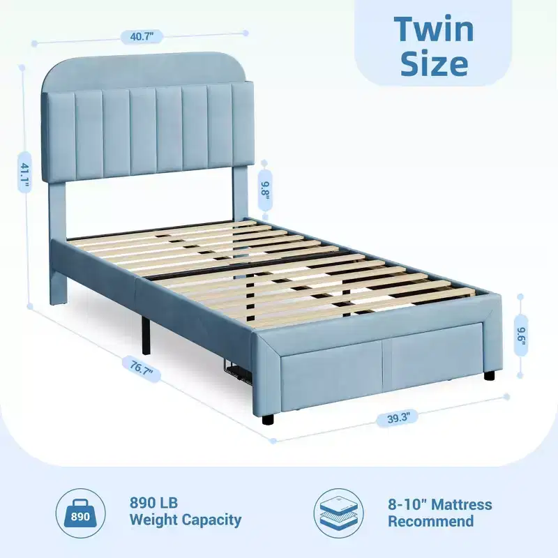 Twin Upholstered Kids Bed Frame with Bookcase Headboard & Large Storage Drawer - Quiet,Wood Slat Support, No Box Spring Needed