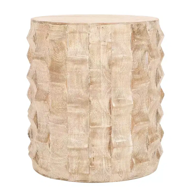The Urban Port 20" Side End Table Round Drum Shape with 3D Textured Design Distressed White Finish White
