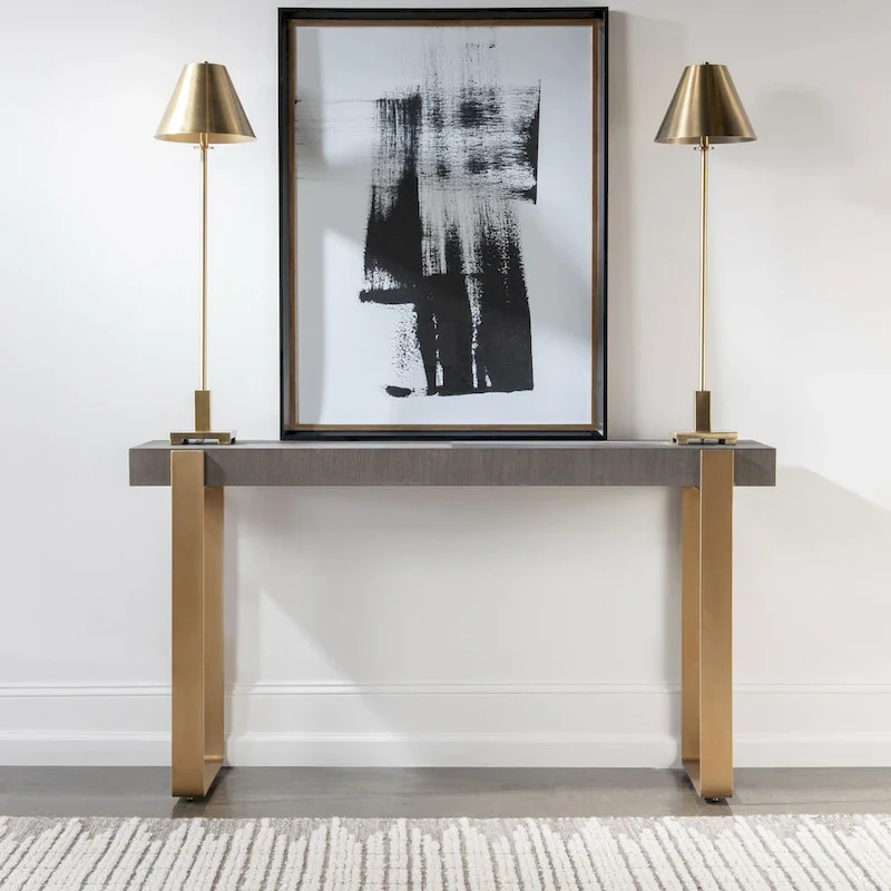 Grey & Gold Rectangular Console Table with Diamond Veneer Top & Brass Strap Legs – Single