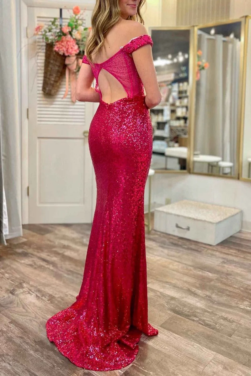 Mermaid Off the Shoulder Magenta Sequin Prom Dress with Appliques