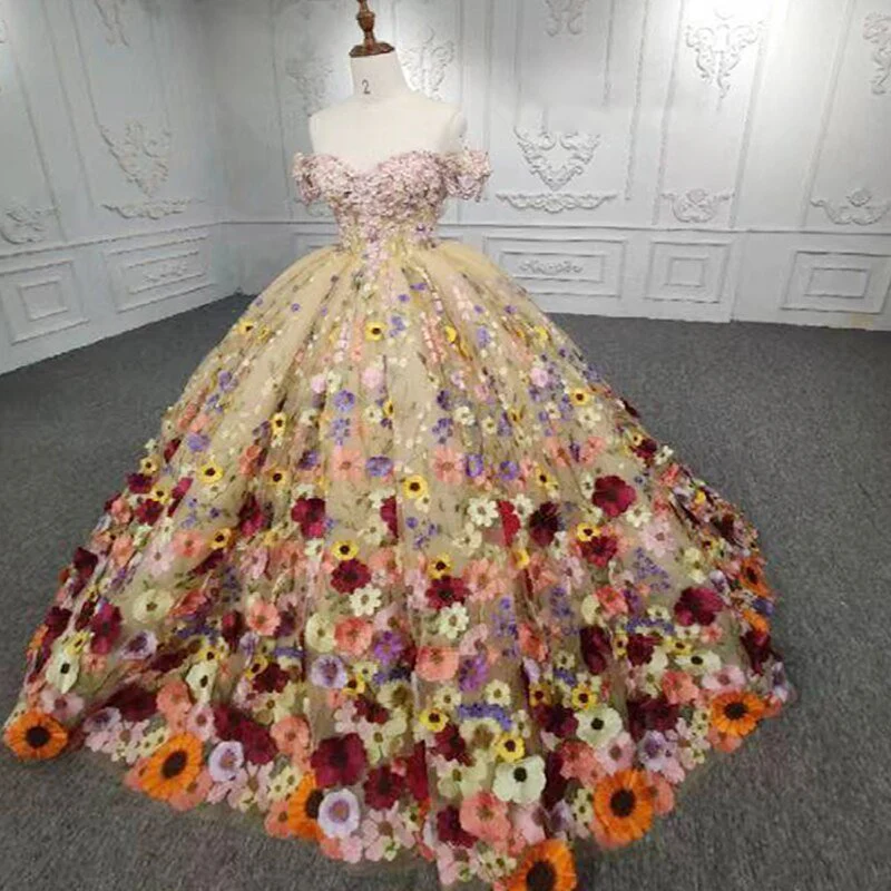 Quinceanera Flower  Off-the-Shoulder Ball Gown Dress