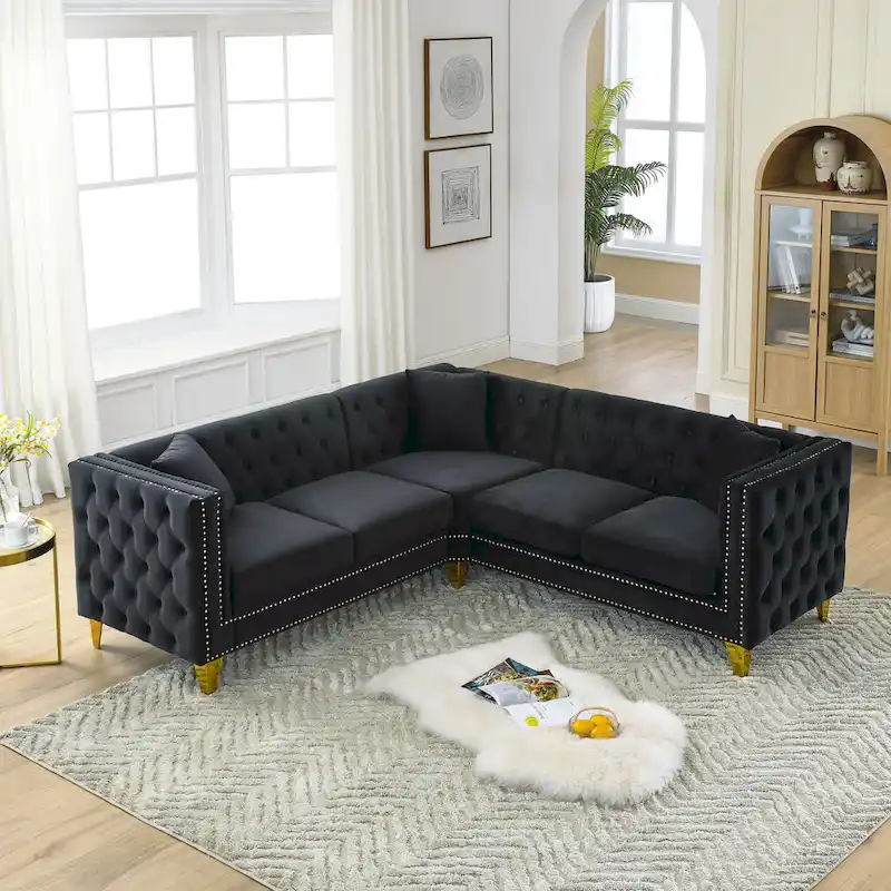 Black Velvet Chesterfield 5-Seater L-Shaped Sectional Sofa