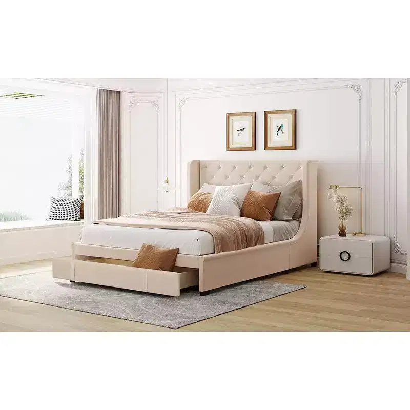 Okak Queen Size Velvet Platform Bed Frame with Big Storage Drawer Upholstered Modern Bed with Wingback Headboard Easy to Assemble