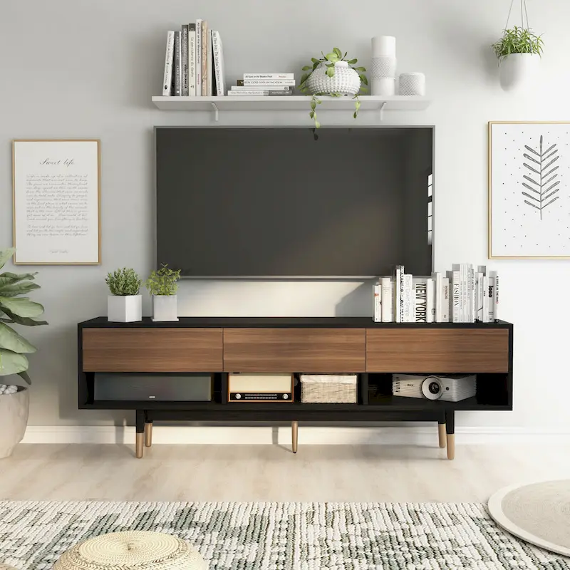 Mid-Century Modern Black 71-inch 3-Shelf TV Console