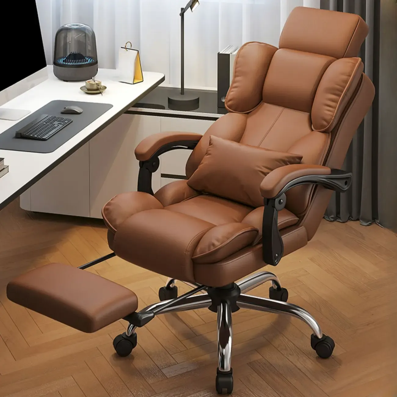 Ergonomic Brown Leather Reclining Office Chair