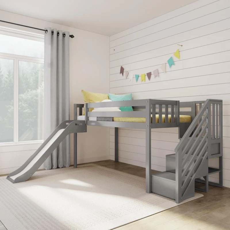 Max and Lily Classic Twin Low Loft with Stairs, Easy Slide and Curtain