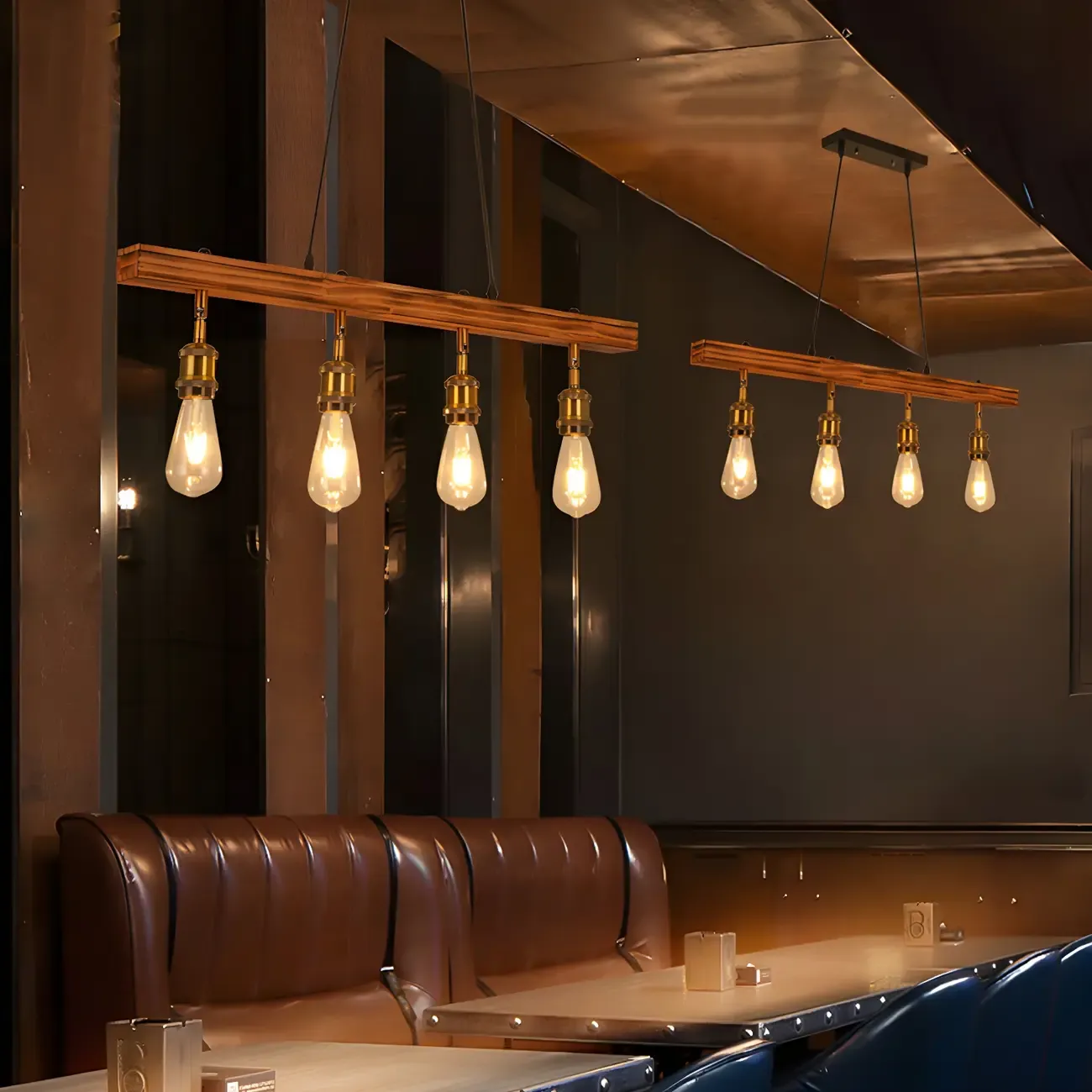 Industrial Brown Wood Brass Adjustable 31.5 Pendant Light