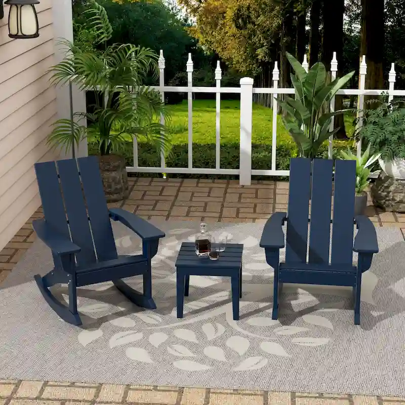 Polytrends Shoreside Modern Eco-Friendly All Weather Poly Adirondack Rocking Chairs with Side Table (3-Piece Set)