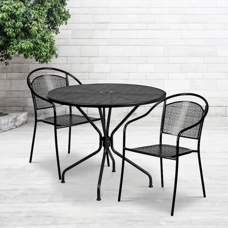 35-inch Round Steel 3-piece Patio Table Set with Round Back Chairs