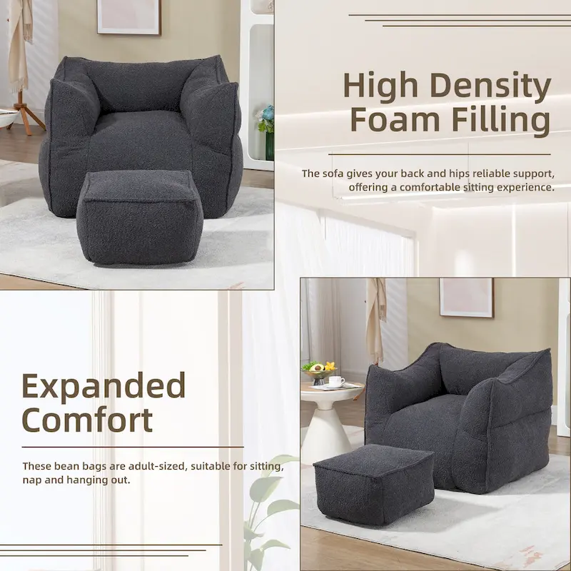 Boucle Upholstered Deep Seat Armless Square Bean Bag Chair with Ottoman