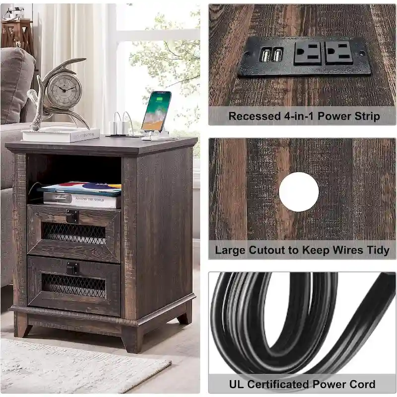 Farmhouse Nightstand with Charging Station, End Table, Side Table