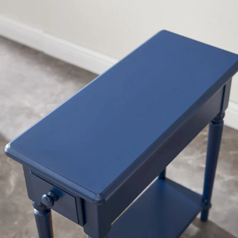 White Wood Narrow Side Table with Drawer and Shelf