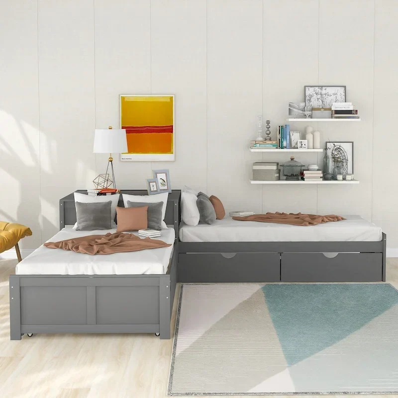 Grey / White / Espresso L-Shaped Bunk Bed with Trundle & Drawers, 3-Sleeper, Twin