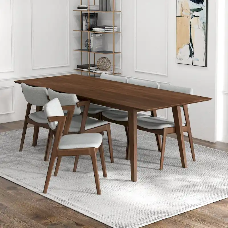 Ayven Mid-Century Style 7 Piece Solid Wood Dining Set in Walnut Brown