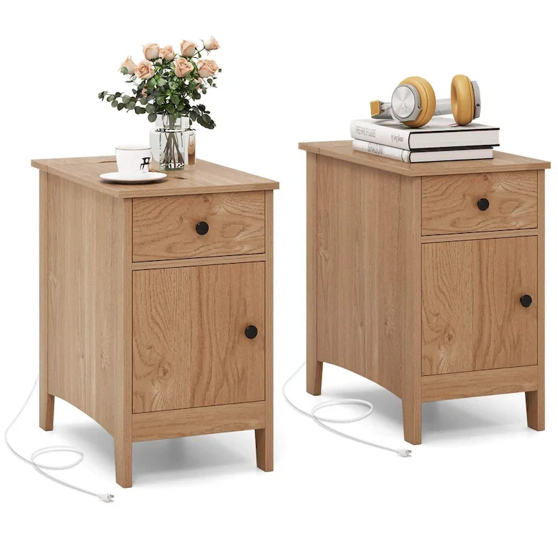 Costway 1/2 PCS End Table with Charging Station Flip Top Bedside Table