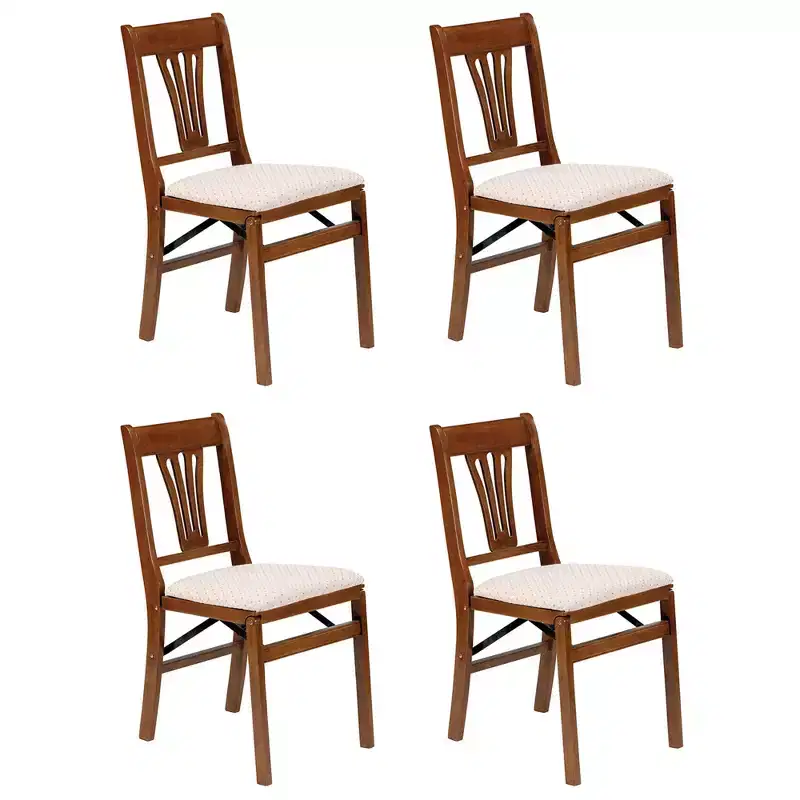 MECO Stakmore Urn Premium Solid Wood Dining Table Folding Chair Set with Fabric Padded Upholstered Seat, 4 Pack, Fruitwood/Blush