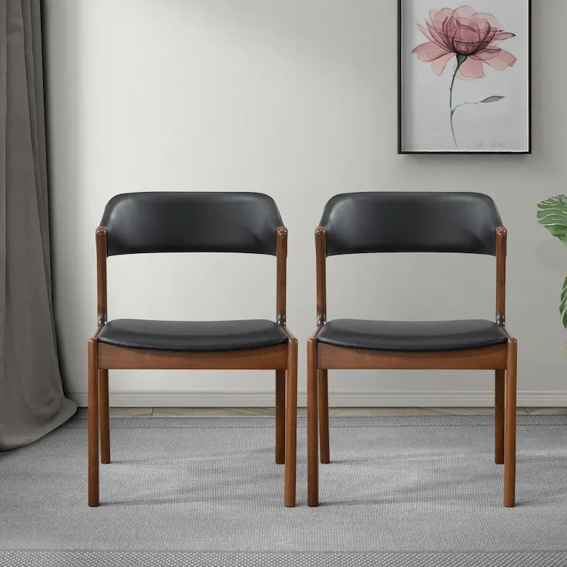 Mid-Century Modern Vegan Leather Dining Chairs with Walnut Base – Black / Medium Brown