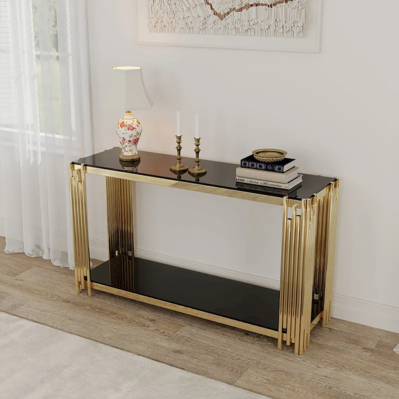 Narrow 2-tier Console Table with Gold Finished Metal Frame and Tempered Glass Top