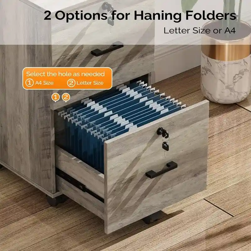 2-Drawer Rolling Wood File Cabinet with Lock
