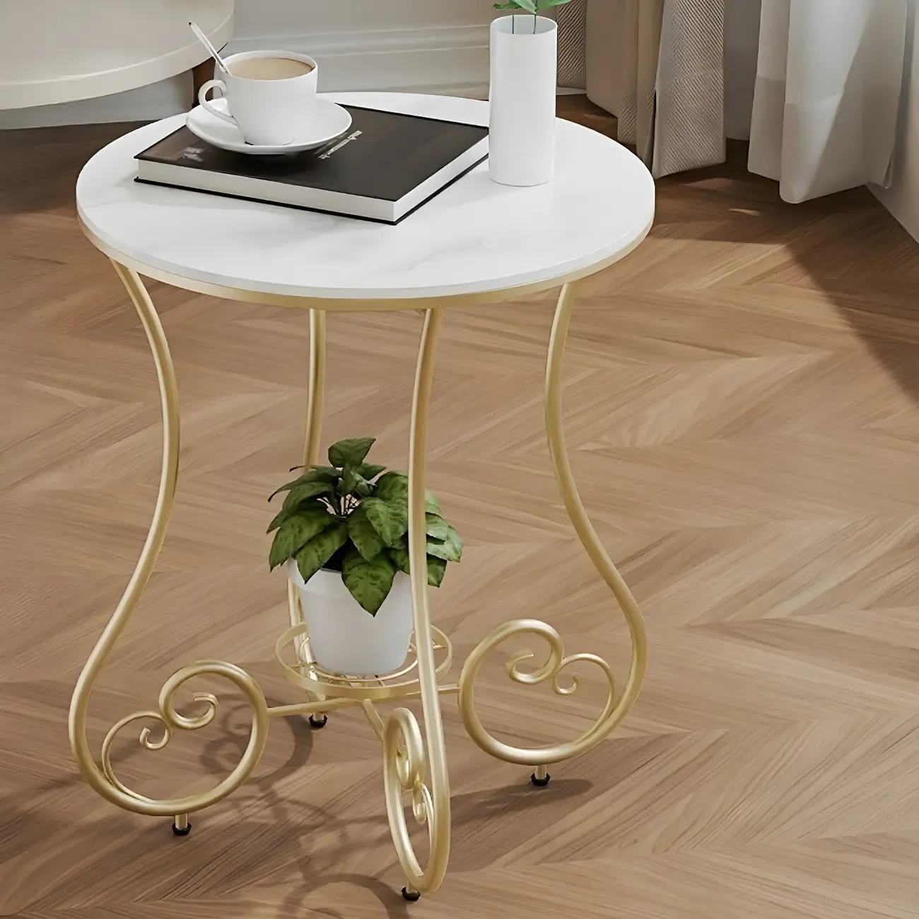 Modern Gloss Finish Steel Marble-Top Round Side Table