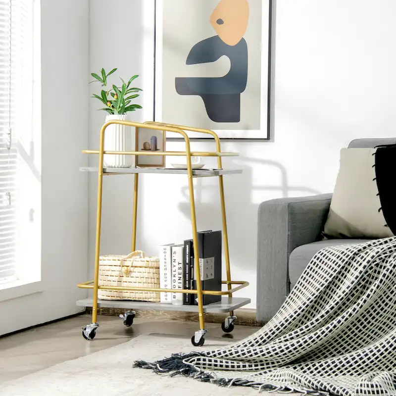 Gymax Gold Serving Cart Utility Trolley on Wheel Rolling Kitchen Rack