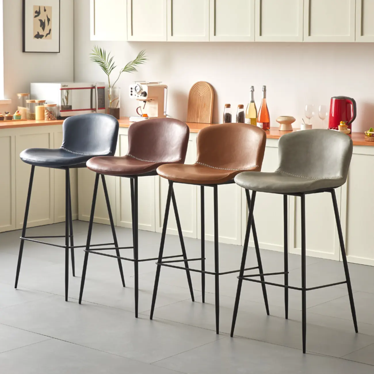 Modern Metal Frame Leather Cushion Low Back Bar Stool