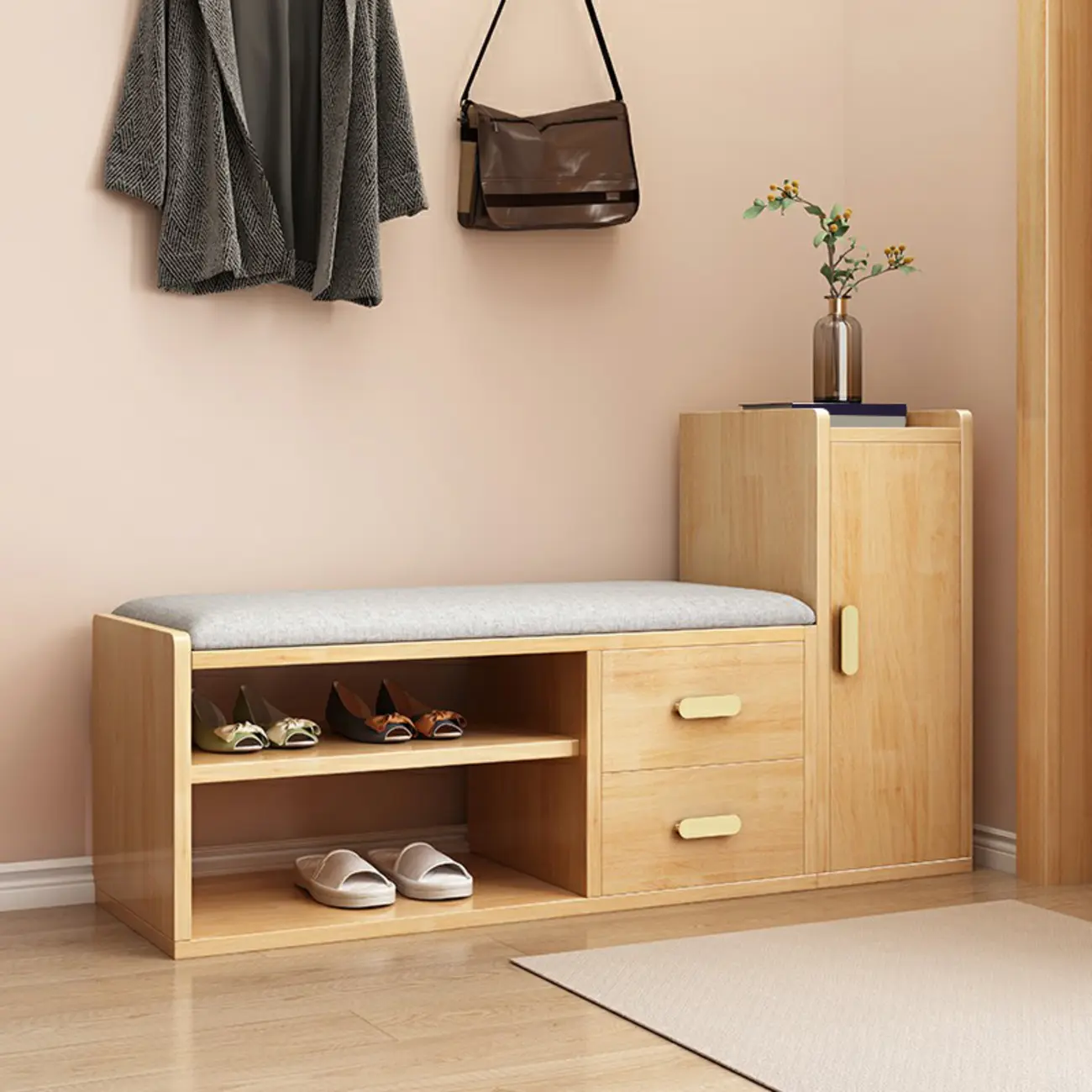 Adjustable 2-Drawer Wooden Entryway Shoe Storage Bench