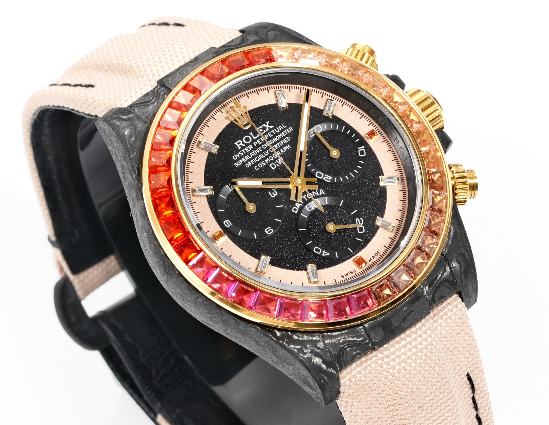 Zifferblatt der Rolex Daytona Replik mit farbigen Edelsteinen auf der Lunette