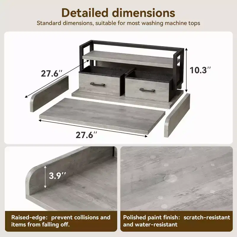 2-Tier Washer Dryer Countertop single with Shelf & Drawer, Laundry Topper w/Edge for Washer Dryer Laundry Hamper Counter Storage Organization