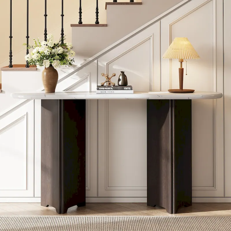 Oval Faux Marble Top Console Table Entryway Table, Narrow Sofa Table Hallway Accent Table with Triangular Base
