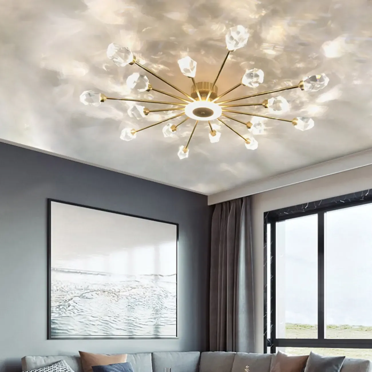 Gold Sputnik Crystal Semi Flush Dimmable LED Ceiling Light