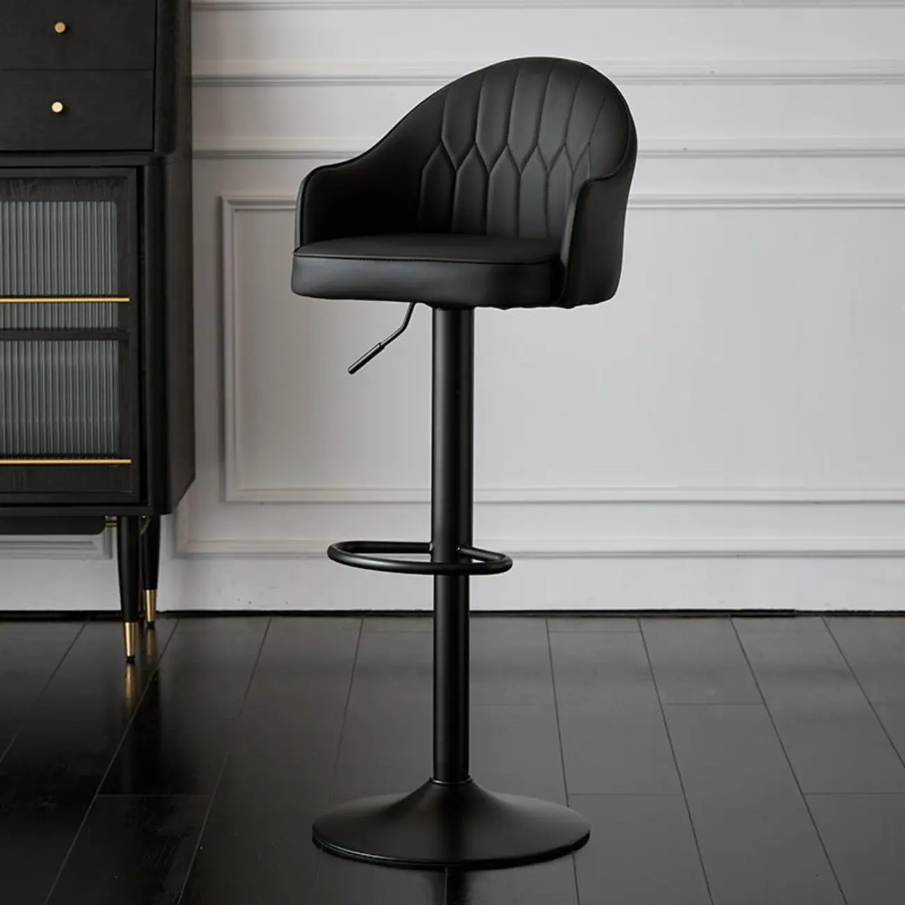 Swivel Upholstered Adjustable Height Home Armed Barstool with Metal Base