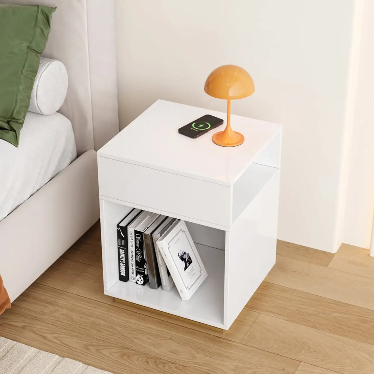Compact White Wooden Cube Side Table with Open Shelf