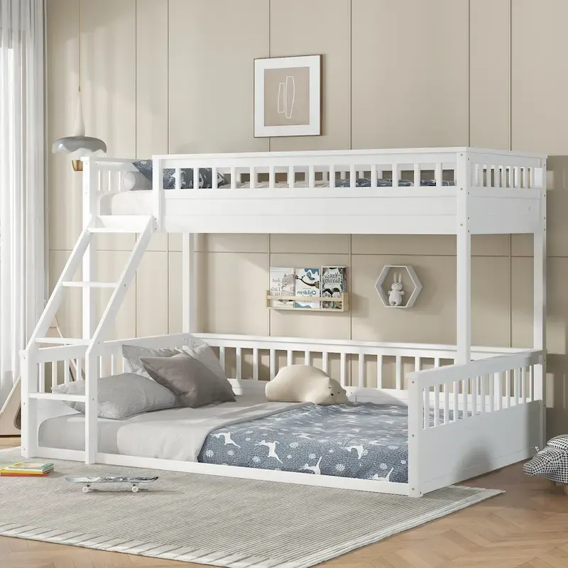 Off White Pine Wood Twin XL over Queen Bunk Bed with Ladder and Full-Length Guardrails – 2-Person